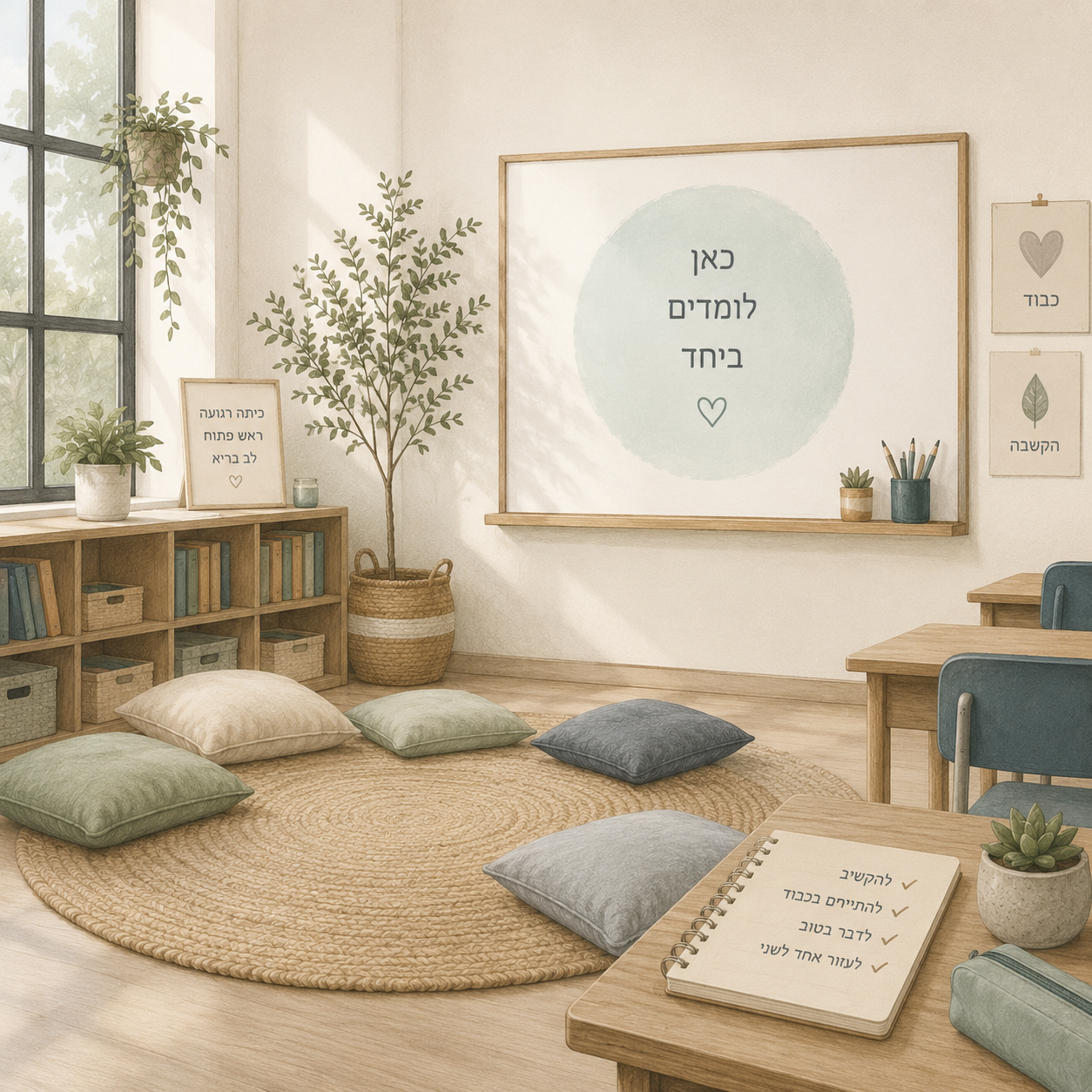 כיתה רגועה עם שלט 'כאן לומדים ביחד'