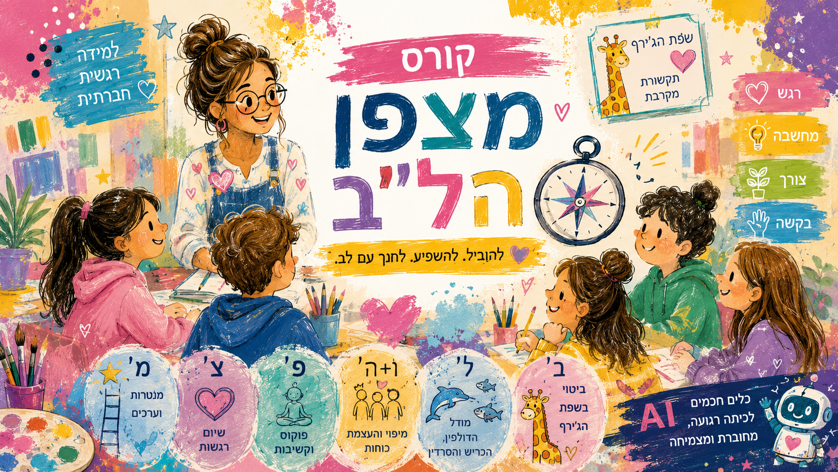 קורס מצפ״ן הל״ב – איור מלא של המורה, הילדים ואותיות המודל